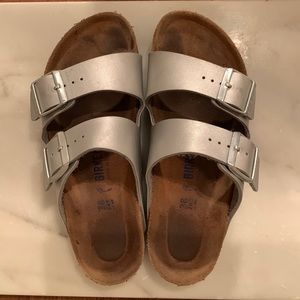 Metallic silver Birkenstocks size 38 narrow